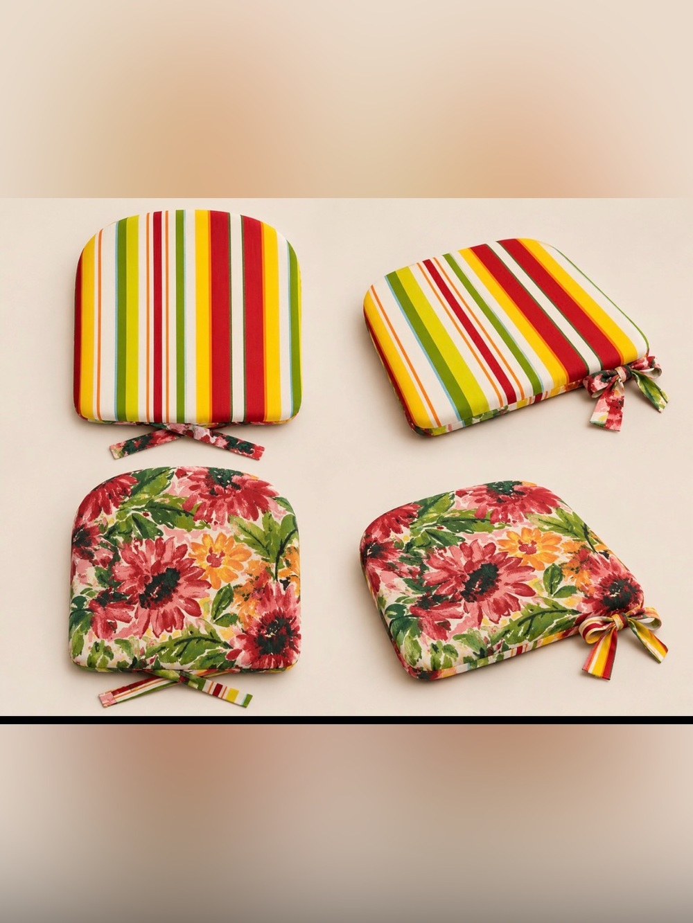 Set of 2 Reversible Floral & Striped Chair Cushions w/ Ties